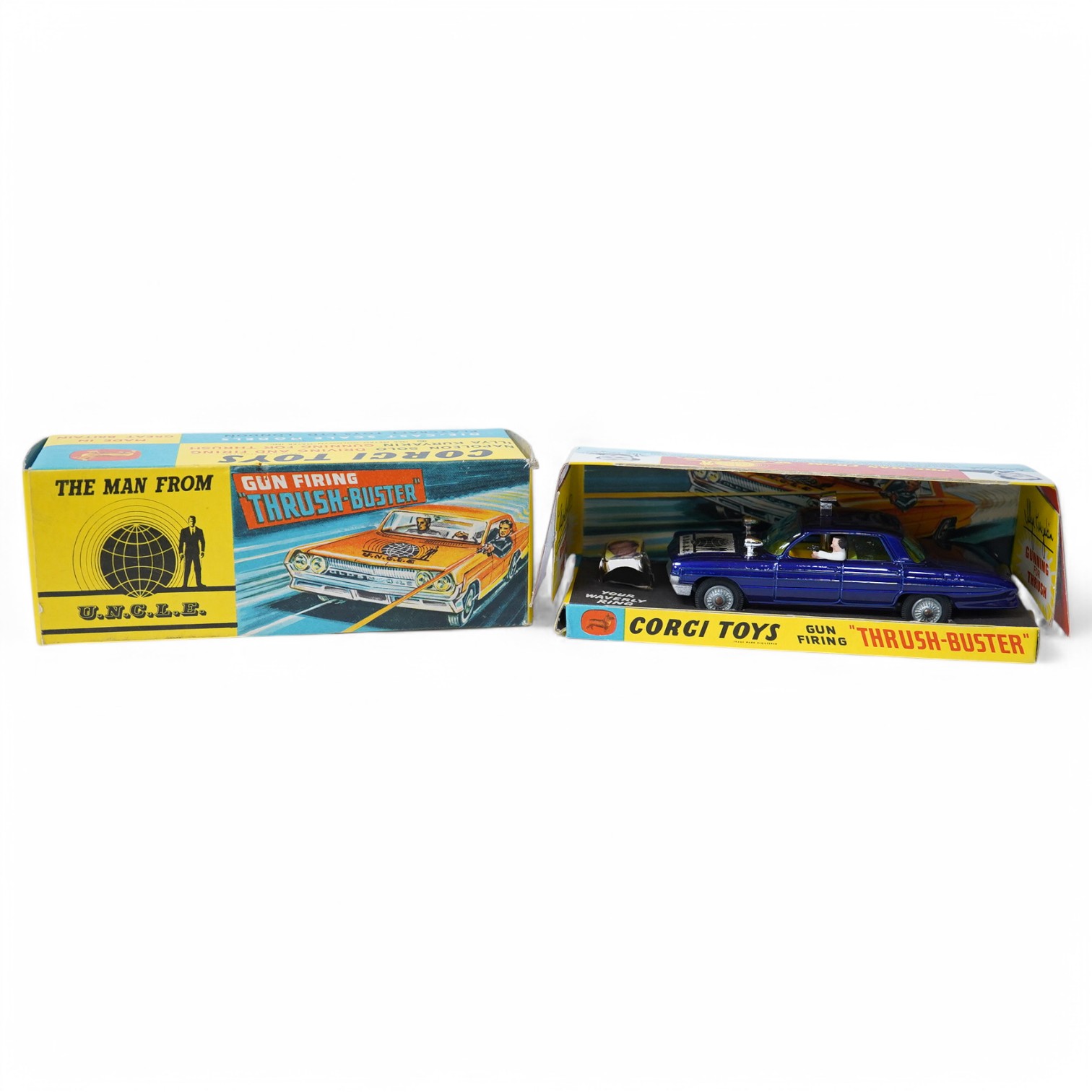 A boxed Corgi Toys (497) Man From Uncle boxed Thrush-Buster, Oldsmobile super 88, together with the Waverly ring, and inner card display stand. Condition - good.